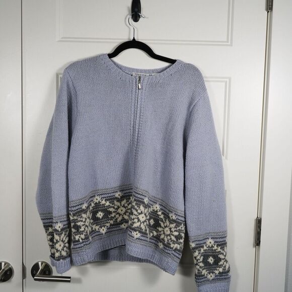 VTG Preview International 100% Wool Zip Up Blue Heavy Cardigan Fair isle Trim XL - Picture 1 of 4